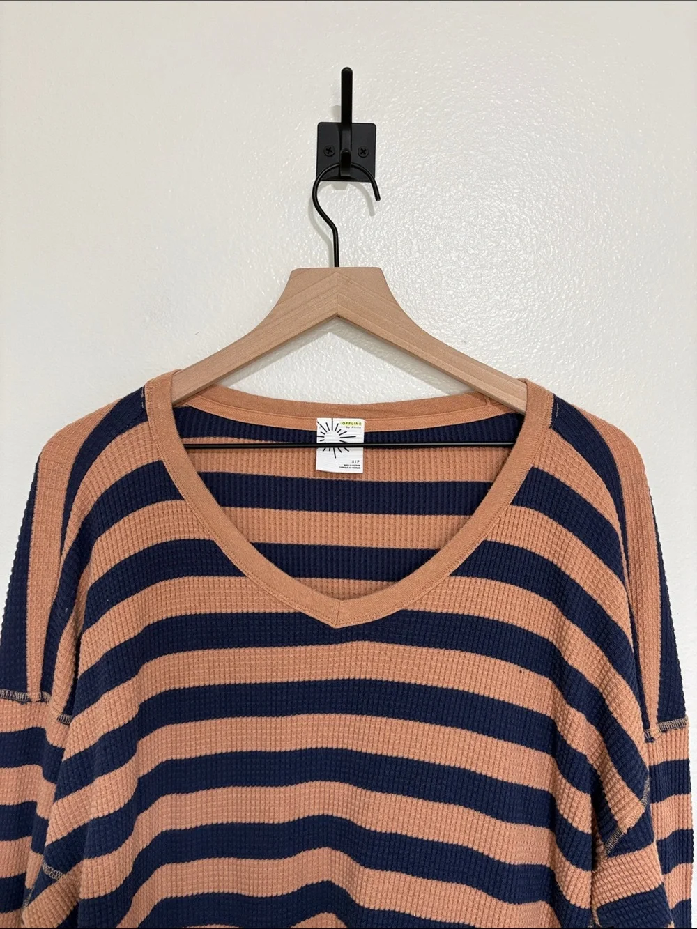 Aerie Wow! Striped Thermal Waffle Knit Oversized Long Sleeve Shirt Tan Small - Picture 5 of 10